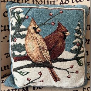 Cardinal Tapestry Pillow - Brown and Cream Decorative Bird Berries Winter